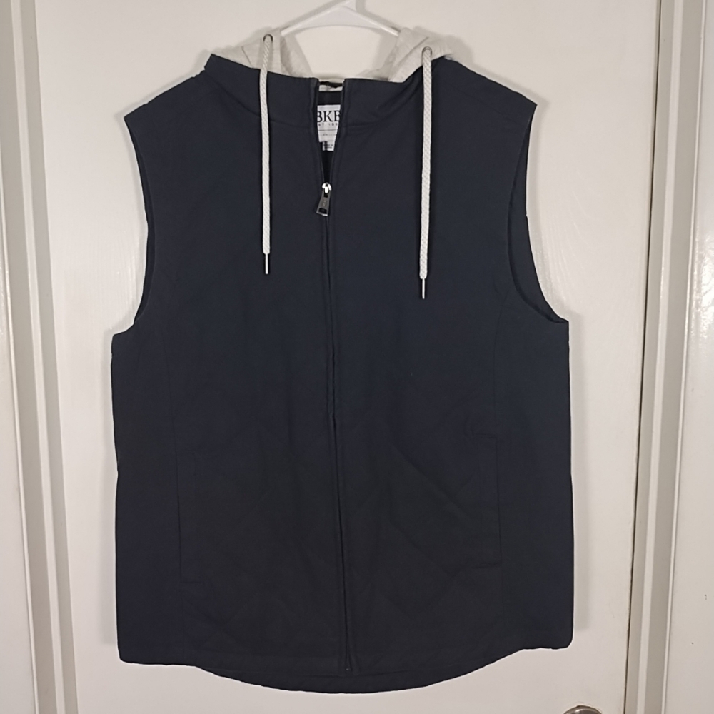 BKE Mens M Quilted Black Canvas Vest Full Zip Pockets Hood Insulated Lightweight